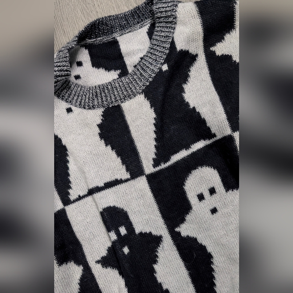 Ghost Checkerboard Sweater Black White Spooky Goth Halloween Knit Large - Picture 12 of 13